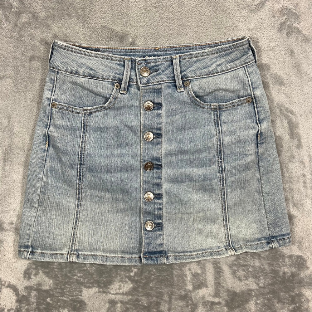 AMERICAN EAGLE Denim Mini Skirt Womens 0‎ Blue Button Front Super Stretch